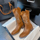 Yunshun Western denim boots embroidered knight boots retro Chelsea Martin boots long tube Maillard boots women's new summer denim fish mouth embroidered double lifting buckle brown 3.5cm 37