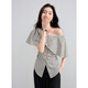 Sancai 2025 new summer style ruffled one-line collar plaid shirt slit waist top elegant M black rice plaid M 160/84A