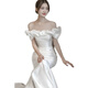 Chuangjingyi chooses light wedding dress, one-shoulder French light wedding dress, satin temperament, fishtail for bride, slimming, small tail, white S