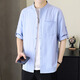 Henry collar cotton and linen long-sleeved shirts for men spring and autumn men's early autumn casual shirts short-sleeved inch shirts 2025 new style CS8K02 mid-sleeve black M 90-110Jin Jin is equal to 0.5 kg