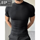 JEEP SPIRIT seamless quick-drying breathable sports fitness short-sleeved T-shirt running training cycling clothing compression tight elastic top for men classic black--quick-drying sports short sleeves M
