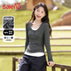 Baleno fake two-piece round neck long-sleeved T-shirt for women 2025 spring and autumn new soft and comfortable slim waist versatile base layer shirt