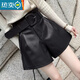 ROMON 2023 new autumn and winter high-waisted a-line pu leather pants for women with wide legs, slim and versatile Maillard shorts for outer wear, black (including belt) 1821 M 95Jin Jin is equal to 0.5kg -105Jin Jin is equal to 0.5kg