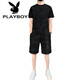 花花公子（PLAYBOY）纯棉2023新款冰丝短袖T恤套装男士休闲运动两件套男装宽松夏季潮 671黑色套装 3XL 160斤-175斤