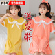 护子鸟儿童睡裙短袖卡通纯色棉2-14岁小孩子穿的夏季中大童小女孩家居服 H短翻浅粉发带 125 16码  (125-135cm)65斤内