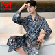 MiiOW Men's Nightgown Summer Ice Thin Feeling Mid-Length Bathrobe Pajamas Long Sleeve Large Size Black Dressing Robe Home Clothing Black Wide Men's Style-Qingguo Nightgown L (150-170Jin Jin equals 0.5kg)