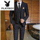 Playboy (PLAYBOY) Spring and Autumn Plaid Suit Suit Men's Korean Slim Suit Youth Casual Wedding Dress Jacket Gray (Suit+Trousers+Vest) + Tie 2XL