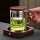 Chinese high-end tea cup, high temperature resistant tea water separation three-piece office personal water cup, glass tea cup, square wooden handle cup 400ML-transparent color