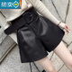 ROMON 2023 new autumn and winter high-waisted a-line pu leather pants for women with wide legs, slim and versatile Maillard shorts for outer wear, black (including belt) 1821 M 95Jin Jin is equal to 0.5kg -105Jin Jin is equal to 0.5kg