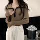 Oubaixi sweater for women spring and autumn long-sleeved right shoulder polo collar 2025 sweater with temperament and light top, apricot color, one size fits all, recommended 80-120 Jin Jin equals 0.5 kg