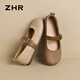 ZHR single shoes for women retro round toe flat bottom Birkenstock Mary Jane women's shoes versatile soft leather shoes for women JF152 apricot 37