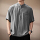 Chaotianshi high-end Chinese antique style retro linen short-sleeved shirt men's summer thin old money style Henry collar casual shirt gray XL 145-160Jin Jin equals 0.5 kg