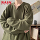 NASA XVVX white sweatshirt V-neck long-sleeved T-shirt men's heavyweight American high-end Henry collar loose inner bottoming shirt spring and autumn beige XL