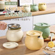 Qumuye ceramic lard jar household high temperature resistant lidded meat oil chili oil storage pot with filter residue food grade binaural - cream white 700ml + spoon + 304 filter
