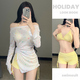 Lugeli swimsuit women's split three-piece long-sleeved sweet girl summer pure lust style conservative sunscreen belly-covering slimming swimsuit Little Star Split Swimsuit Yellow One Size Recommended 80-120Jin Jin is equal to 0.5 kg