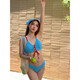 Tanbeiman swimsuit, feminine sexy whitening bikini, flesh-covering vacation swimsuit, beautiful back for hot springs, three-point beach retro plaid, bikini swimsuit, blue four-piece set (including headscarf, one size fits all), recommended 70-120 Jin Jin equals 0.5 kg