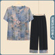 GTYUWVG奶奶装夏季短袖套装中老年人女装衬衫两件套老年人夏装女衣服裤子 6626蓝色两件套 XL 建议85-100斤