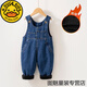 G.DUCKKIDS baby soft denim overalls plus velvet winter overalls for boys and girls thickened velvet outer wear one-piece baby pants blue plus velvet thickening 110 cm