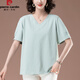 Pierre Cardin pure cotton short-sleeved t-shirt for women 2025 new summer loose sweetheart neck large size middle-aged and elderly mother V-neck t-shirt black KSP-9896 L suitable for -115Jin Jin equals 0.5 kg