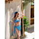 Tanbeiman swimsuit, feminine sexy whitening bikini, flesh-covering vacation swimsuit, beautiful back for hot springs, three-point beach retro plaid, bikini swimsuit, blue four-piece set (including headscarf, one size fits all), recommended 70-120 Jin Jin equals 0.5 kg