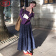 Langsha Navy Blue Floral Skirt Women's 2025 Autumn New Retro High Waist A-Line Skirt Casual Lazy Style Long Skirt