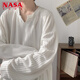 NASA XVVX white sweatshirt V-neck long-sleeved T-shirt men's heavyweight American high-end Henry collar loose inner bottoming shirt spring and autumn beige XL