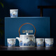 Lingfeng Jingdezhen Rich Jade Exquisite Ceramics Hand-Painted Blue and White Tea Set with Flower Mantic Lift Beam Pot Teacup Teapot Set One Pot Four Cups Tea Set Gift Box 5 Pieces
