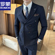 ROMON Fashionable and Versatile Double-breasted Formal Business Casual Men's Suit Striped Slim Groom and Groomsmen Clothing Mist Gray (Suit+Trousers) 2XL 54-33 (136-146Jin Jin equals 0.5kg)