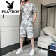 花花公子（PLAYBOY）纯棉2023新款冰丝短袖T恤套装男士休闲运动两件套男装宽松夏季潮 671黑色套装 3XL 160斤-175斤