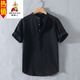 Scarecrow (MEXICAN) Henry collar linen short-sleeved shirt men's collarless men's cotton and linen shirt t-shirt top polo shirt summer Chinese style RC210 black M