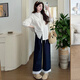 Ran Qiqi maternity wear autumn suit lazy style 2025 new long-sleeved shirt top wide-leg pants small fragrance two-piece set white shirt + navy blue pants (suit) XL