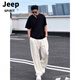 JEEP SPIRIT American Henley collar polo shirt with short sleeves and drapey ice silk casual pants for boys, a cool and handsome outfit for spring and autumn, two-piece set, black short sleeves + off-white pants M