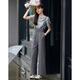 Mohan Yimei loose and slim overalls suit 2025 summer new short-sleeved tops and trousers adjustable women's suit medium gray + light gray 2XL