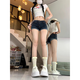 Bai Qixin Korean style retro denim shorts for women, low-waisted, exposed navel, elastic tight-fitting, slimming buttocks, rolled hems, fashionable and versatile hot pants for women, cuffed denim shorts (size is too small, please take the larger size) M (95-105Jin Jin is equal to 0.5kg)