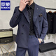 ROMON high-end suit men's suit business casual double-breasted striped slim new small suit groom wedding dress black two-piece set with free tie XL (suitable for 126-140 Jin Jin equals 0.5 kg)