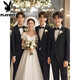 花花公子（PLAYBOY）伴郎服男士结婚礼服伴娘西装套装新郎商务休闲西服修身正装套 黑色两扣西装+马甲衬衫西裤+领结 M