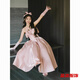Zofide bride wedding dressing gown pink engagement dress high-end new evening dress female niche sense celebrity birthday pink shiny satin丨sleeved style M