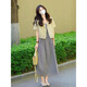 
QLTQZQ short-sleeved blazer fashion suit skirt for women summer large size fat mm Hong Kong style retro plaid suspender dress 9720 milk yellow M
