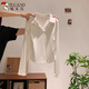 Woodpecker polo collar pure cotton right shoulder long sleeve t-shirt women's autumn new pleated waist bottoming shirt top white XL