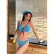 Tanbeiman swimsuit, feminine sexy whitening bikini, flesh-covering vacation swimsuit, beautiful back for hot springs, three-point beach retro plaid, bikini swimsuit, blue four-piece set (including headscarf, one size fits all), recommended 70-120 Jin Jin equals 0.5 kg