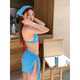 Tanbeiman swimsuit, feminine sexy whitening bikini, flesh-covering vacation swimsuit, beautiful back for hot springs, three-point beach retro plaid, bikini swimsuit, blue four-piece set (including headscarf, one size fits all), recommended 70-120 Jin Jin equals 0.5 kg
