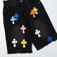 
Chrome heart leather retro cross straight denim summer shorts new loose casual five-point pants trendy brand men and women 9903 black orange 28