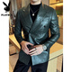 Playboy (PLAYBOY) Rubik's Cube Pattern Double-breasted Leather Suit Jacket Men's Spring and Autumn New Business Casual Trendy British Style Slim Suit Green 2XL (130-145Jin Jin equals 0.5kg)