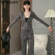 Magiopy International Luxury High-End-Marke 2025 Frühling kleine Menschen, die Casual Sports Set Slim Grey Short Jacket Black Two-Tie Set S anziehen (100jin [Jin gleich 0,5 kg]))
