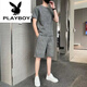 花花公子（PLAYBOY）纯棉2023新款冰丝短袖T恤套装男士休闲运动两件套男装宽松夏季潮 671黑色套装 3XL 160斤-175斤