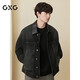 GXG Men's Barn Style Collar Spliced PU Denim Jacket Men's Loose Retro Black Brown 175/L