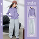 I.KARNOW Girls' Sports Suit 2025 New Children's Spring and Autumn Casual Sweater Wide-leg Pants for Big Children Autumn Fashionable 10153 Purple + 15259 Gray Velvet Suit 130