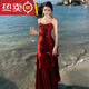 Shantou Lincun red ruffled fishing skirt mermaid ruffled high-end suspender dress birthday cocktail dress long skirt red streamer dress S 80-95Jin Jin is equal to 0.5 kg