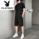 花花公子（PLAYBOY）纯棉2023新款冰丝短袖T恤套装男士休闲运动两件套男装宽松夏季潮 671黑色套装 3XL 160斤-175斤