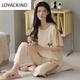 LOYACKIND夏季短袖睡衣套装长裤100棉女士运动棉家居服薄款大码可外穿 Y9716 M